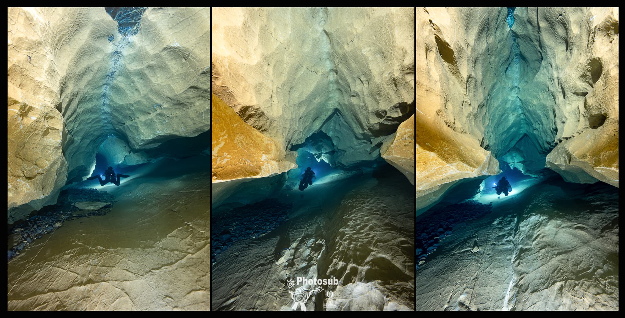 Triptych of three photos showing a diver navigating through a tight sinuous cave passage